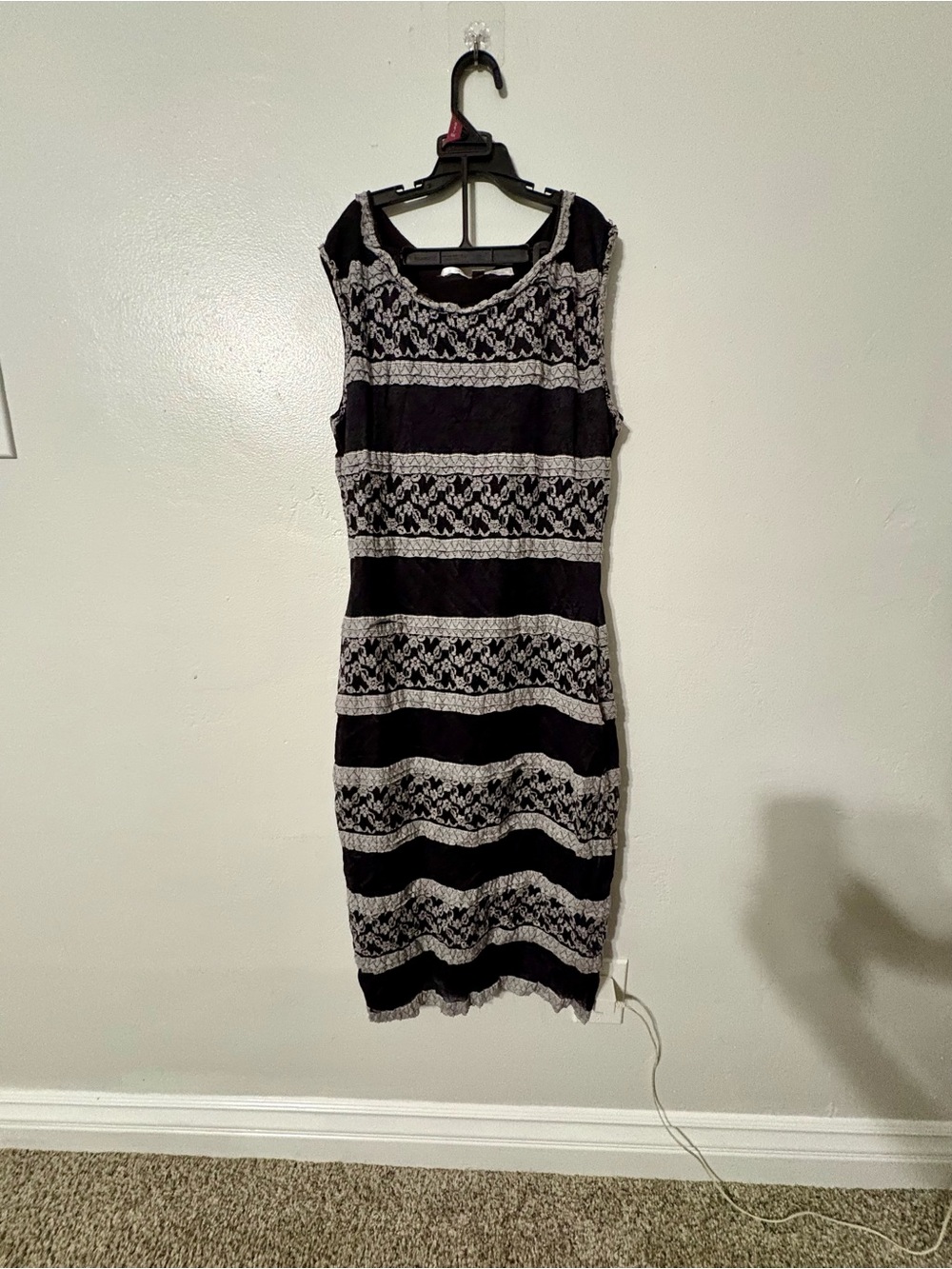 Max Studio Black and White Lace-Striped Midi Sheath Dress